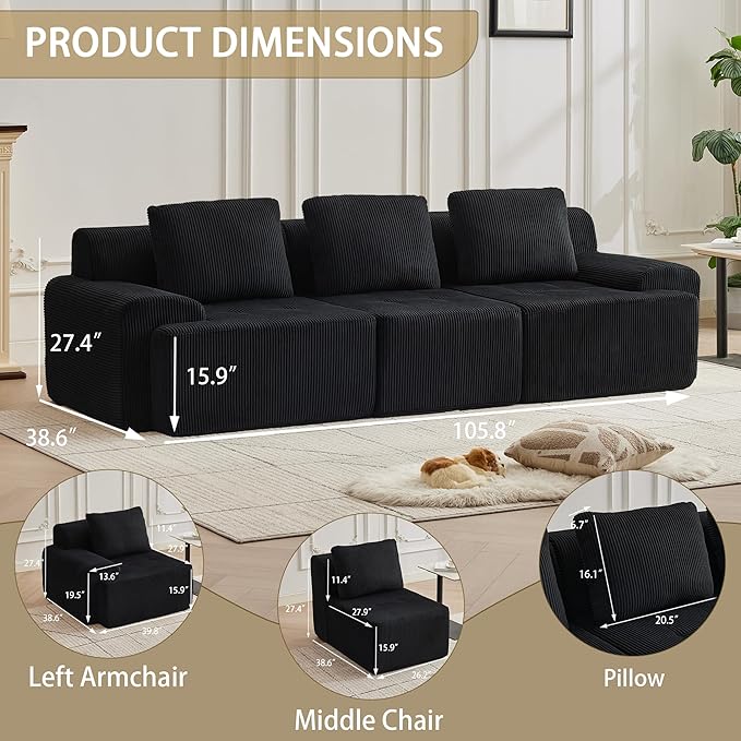 Modular Sectional Sofa with Movable Ottoman, 3 Seat Deep Seat Couch with 3 Pillows, Comfy Cloud Sectional Sofa for Living Room, Bedroom and Apartment (Black, 1 Left+1 Right+1 Middle)