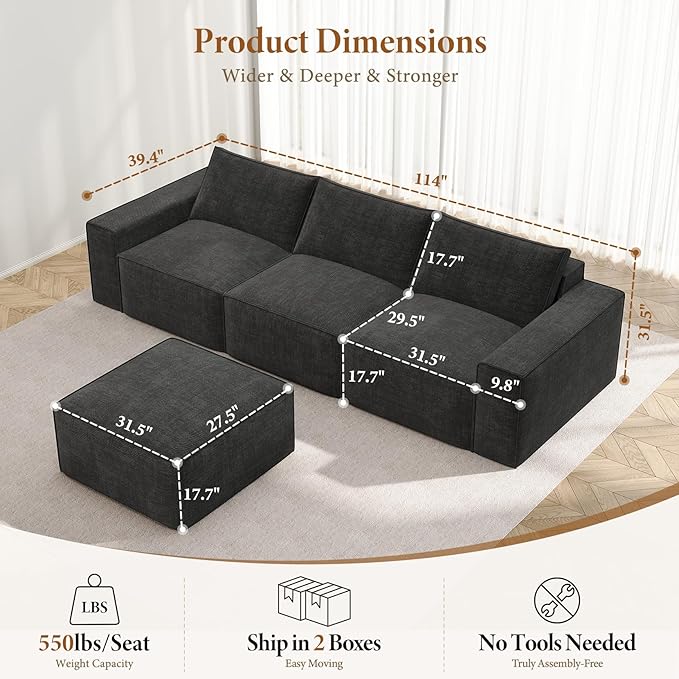 Vesgantti 114" Modular Boneless Couch, Modern 3 Seater Sectional Sofa with Ottoman & Deep Seat, Convertible Chenille L Shaped Cloud Couches for Living Room, No Assembly Required, Dark Grey