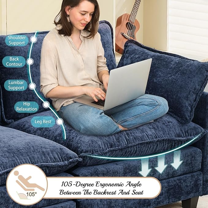 Modular Sectional Cloud Couch, 2 Seat Convertible Sectional Couches Sofa with Ottoman, Convertible L-Shape Cloud Sectionals Couches for Living Room, Apartment, Blue