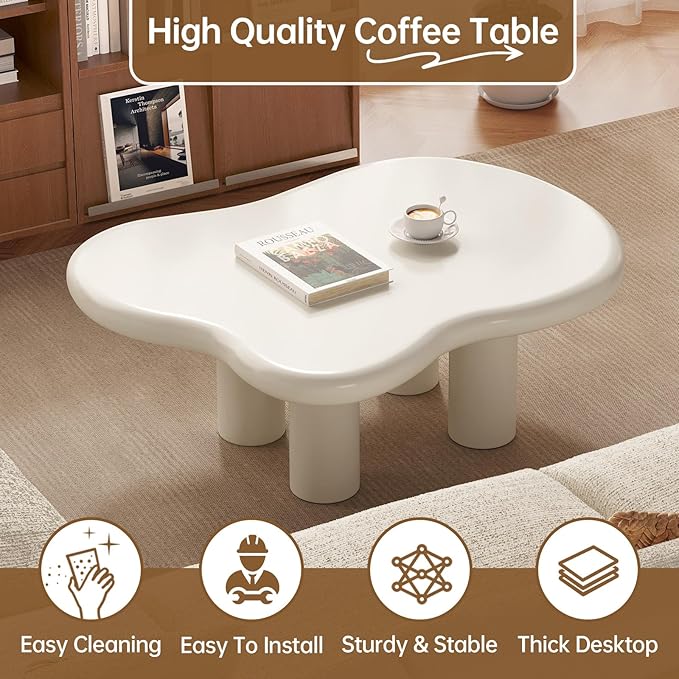 Guyii 35.43" Cloud Coffee Table, Cream White Coffee Table for Living Room, Cartoon Irregular Indoor Tea Table, Modern End Table with 4 Legs