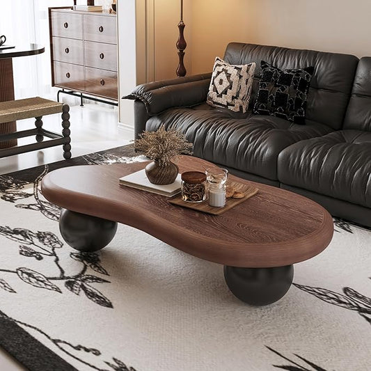 40" Cloud Coffee Table for Living Room Irregular Coffee Table Modern Low Coffee Tables Cute Small Center Table with 3 Ball Legs for Small Space Apartment Walnut & Black
