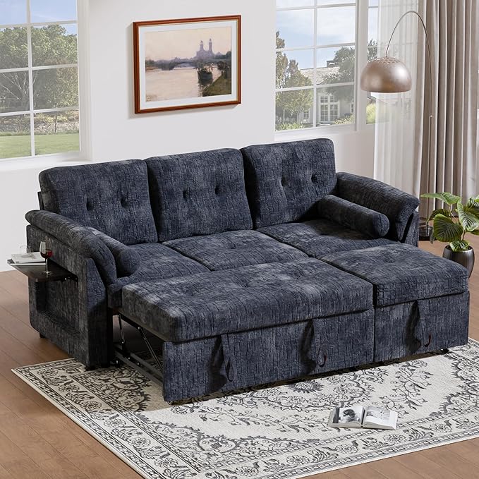 3 in 1 Convertible Sofa Bed, Chenille Pull Out Couch with Side Table, 3 Seat Pull Out Sofa Bed with Level Adjustable Backrest, Comfy Sleeper Sofas for Living Room, Apartment, Blue