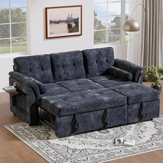 3 in 1 Convertible Sofa Bed, Chenille Pull Out Couch with Side Table, 3 Seat Pull Out Sofa Bed with Level Adjustable Backrest, Comfy Sleeper Sofas for Living Room, Apartment, Blue