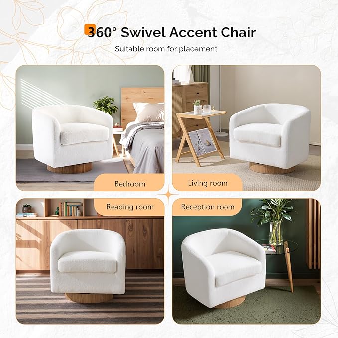 VINGLI 360°Swivel Accent Chairs Set of 2 with Engineered Wood Base and Removable Cushion for Living Room, Bedroom, Curved Back Barrel Chairs for Small Space, Upholstered Bucket Armchairs, Teddy White