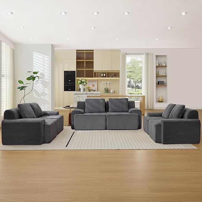 Modular Sectional Sofa, 6 Seat Modular Couch, Modular Sofa with Deep Seat and Detachable Pillow (Grey, 6 Pieces-Rowshape 3 Side)