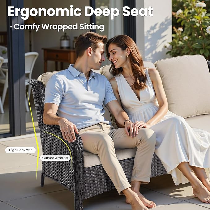 ovios 7-Piece Patio Furniture Set with Swivel Chairs Coffee Table, Outdoor Wicker Sofa with 54" Fire Pit Table, High Back Couch Modern Conversation Sets, Brown/Beige