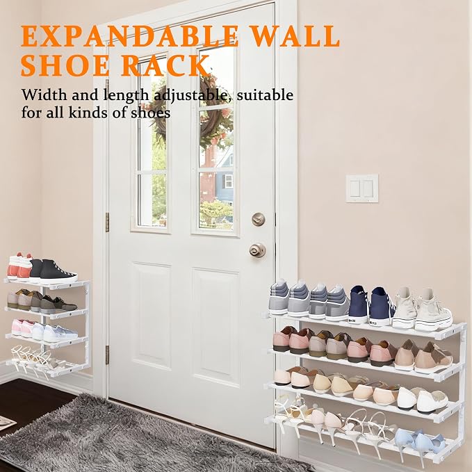 3 Pack Wall Mounted Shoe Rack, 4 Tier Hanging Shoe Rack Holds 48 Pairs, 17"-30" Adjustable Heavy Duty Wall Shoe Shelf with 6 Storage Hooks, Space Saving for Closet Entryway, White - Image 3