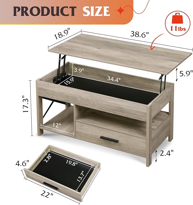WLIVE Coffee Table, 39" Lift Top Coffee Table with Hidden Compartment, Storage Drawers and Storage Shelf for Living Room, Reception Room, Grey