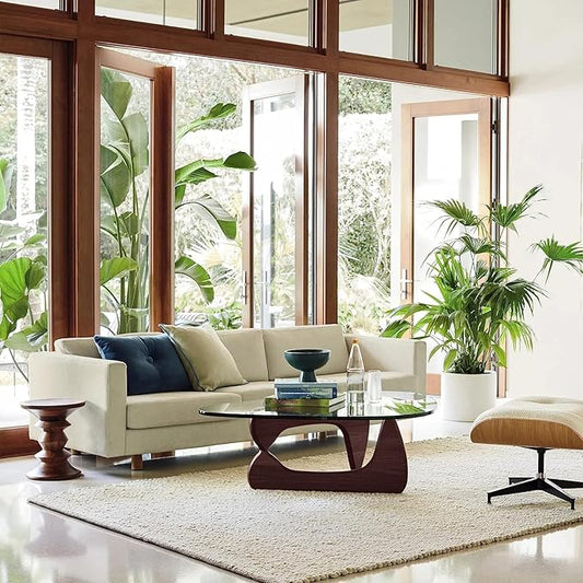 Modern Triangle Glass Coffee Table, Wood End Table with Solid Wood Base and Clear Glass Top, Center Table for Living Room and Patio