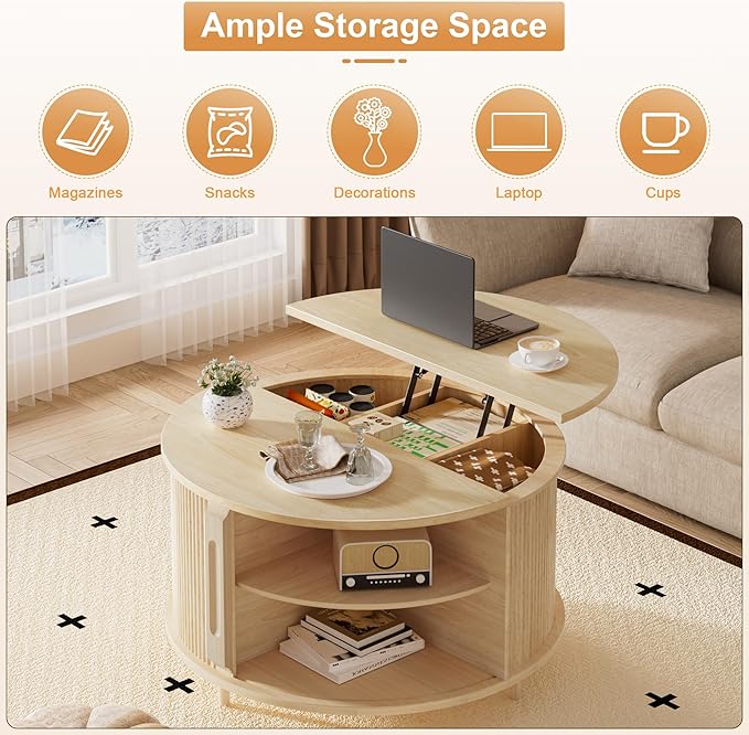 Round Lift Top Coffee Table, 31.5" Fluted Wood Lift Up Center Table with Sliding Door & Hidden Storage – Mid Century Modern Circle Coffee Table for Living Room, Apartmentm, Home Office (Natural)