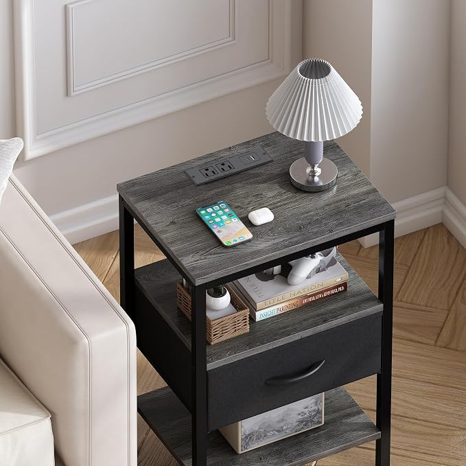 SUPERJARE Nightstand with Charging Station, Bed Side Table with Adjustable Fabric Drawer, Night Stand for Bedroom, 3-Tier Storage End Table, for Living Room, Charcoal Gray - Image 8