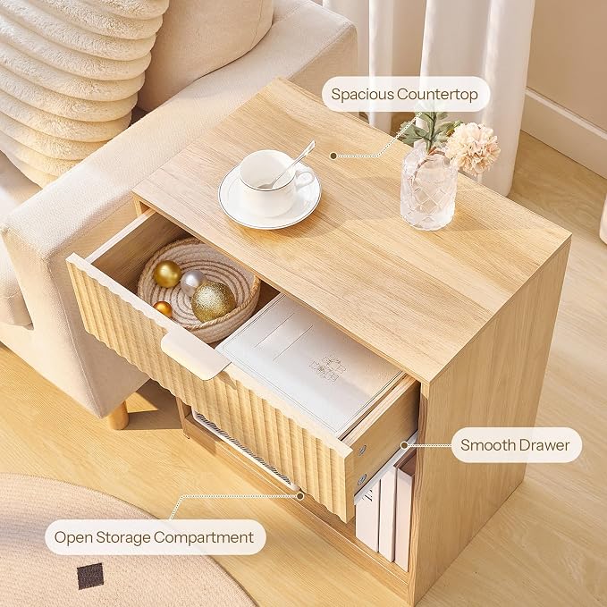 HOOBRO Fluted Nightstand, Modern Bedside Table with 1 Drawer and 1 Open Compartment, Wooden End Table with Metal Handle, for Bedroom and Office, Natural NL208BZ01 - Image 6