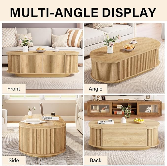 HSH Farmhouse Oval Coffee Table with Storage, 47” Modern Coffee Table with Press Type Door, Fluted Living Room Tables with 2 Flip-Top Hidden Lids, Wood Center Table for Living Room, Office Oak
