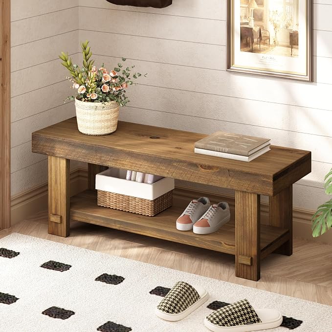 HOKYHOKY Solid Wood Entryway Bench - 42.6" Farmhouse Long Storage Benches, Narrow Bench Seat for Indoor, Entryway, Dining Room, Living Room, Bedroom and Hallway, Rustic Natural - Image 8
