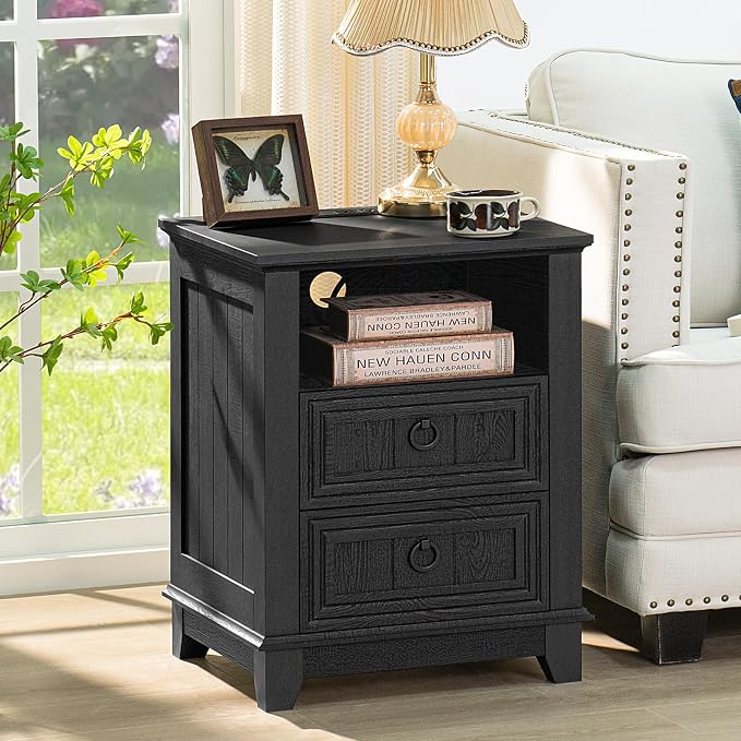 Joaxswe 18" Night Stands Set of 2 with Charging Station, Farmhouse 2 Drawers End Table Dresser for Bedroom, Black Wooden Nightstand, Bed Side Table with Open Shelf, Bedside Cabinet for Living Room - Image 6