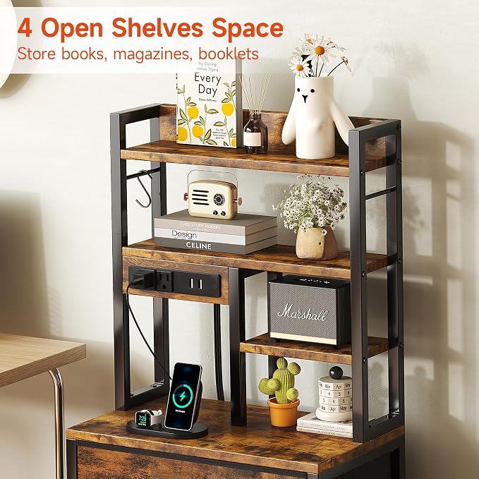 COTUBLR Night Stand, Tall Nightstand with Charging Station and LED Lights, Side Table with 4-Tier Shelves and 3 Fabric Drawers, 45.3" Tall Bedside End Tables for Bedroom, Hallway, Office, Rustic Brown - Image 4