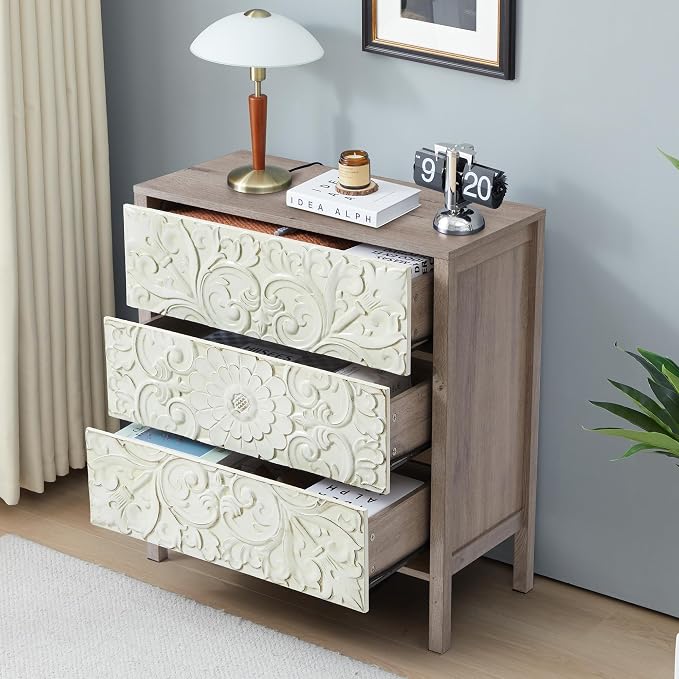 3 Drawer Dresser, Vintage French Chest of Drawers with Storage, Farmhouse Distressed Boho Nightstands Set of 2, Small Wide Dresser for Bedroom Hallway Living Room Entryway (2, Rustic Brown Gray) - Image 5
