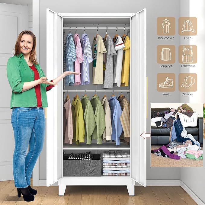 75.3" Tall Metal Armoire Wardrobe Closet with Mirror Doors, 2 Adjustable Hanging Rods & Adjustable Shelf, Freestanding Storage Cabinet Organizer for Bedroom, Office, Laundry Room, White