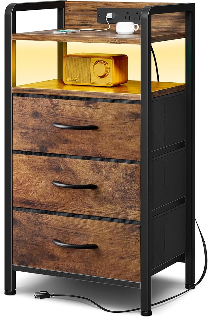 Lazzanto Night Stand Bedside Table Bedroom - Nightstand with Charging Station & LED Light Strip, Bed Side End Table with Storage Shelf & 3 Fabric Drawers, U-S-B Ports & AC Outlets, Rustic Brown by Lazzanto