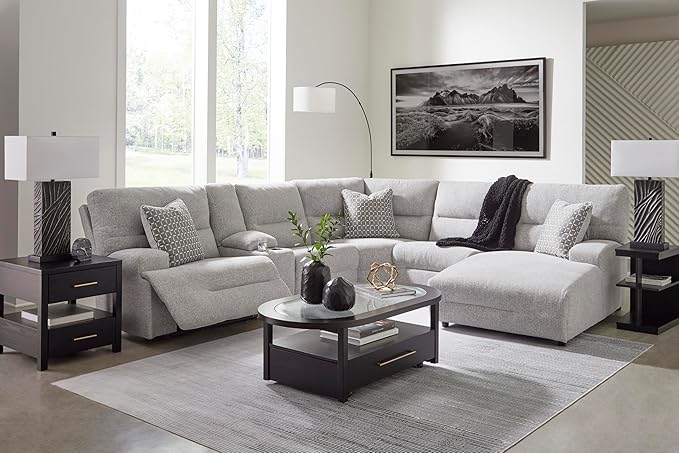 Signature Design by Ashley Acklen Place Modern U-Shaped Modular Stain-Resistant 6-Piece Power Reclining Sectional with Chaise, Adjustable Headrest, USB Charging Ports and Console, Light Gray