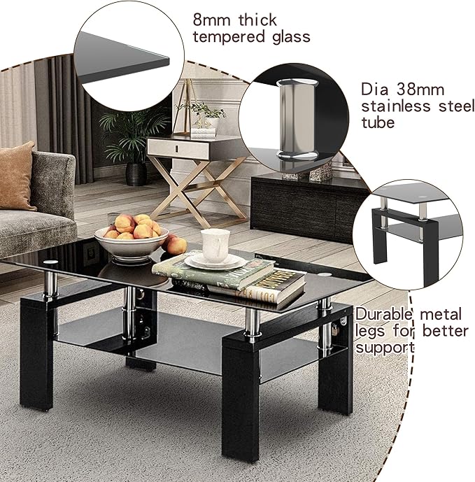 38.6'' Rectangle Glass Coffee Table, Black Coffee Table with Tempered Glass & Metal Legs, 2-Tier Modern Center Table with Storage Shelf, Black Glass Coffee Tables for Living Room, Apartment, Office