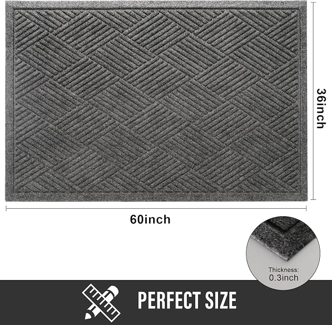 HIYARD Sturdy Front Door Mat, Absorbent Muddy Dirt Resist Welcome Door Mats Outdoor Indoor, Stain and Fade Resistant, Non-Slip Rubber Backing Low Profile Doormat for Entryway, 60×36, Grey - Image 2