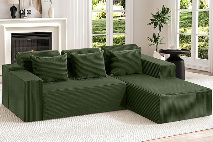 Homguava Modular Sectional Couches for Living Room,105" Cloud Couch with L-Shape Chaise,Comfy Sofa Living Room Sofas with Deep Seat,No Assembly L Couch,Corduroy Fabric(Green,R)