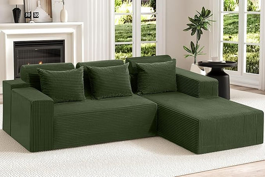 Homguava Modular Sectional Couches for Living Room,105" Cloud Couch with L-Shape Chaise,Comfy Sofa Living Room Sofas with Deep Seat,No Assembly L Couch,Corduroy Fabric(Green,R)