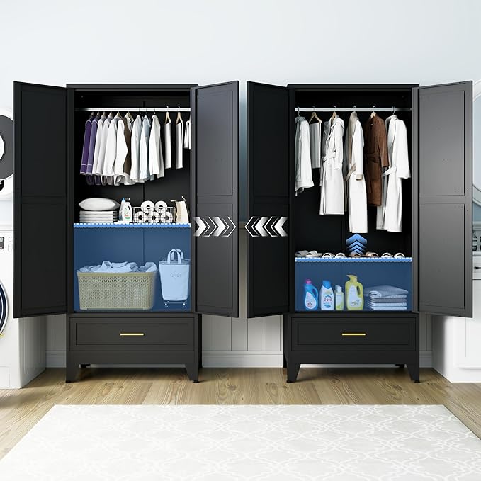 Metal Armoire Wardrobe Closet with 1 Drawer, 71" Wardrobe Cabinet with 1 Adjustable Shelf & 1 Hanging Rod for Bedroom, Black Metal Closet Storage Cabinet with 2 Doors & Drawers