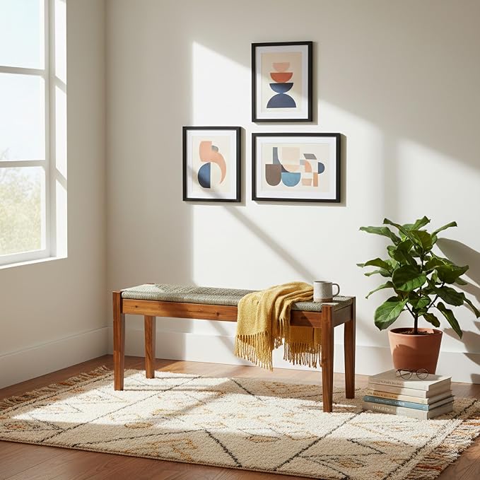Solid Wood Acacia Indoor Bench with Natural Woven Seat, 45 Inch Wood Bench for Living Room or Entryway, Bedroom End of Bed Bench or Dining Benches, Window Bench - Image 9