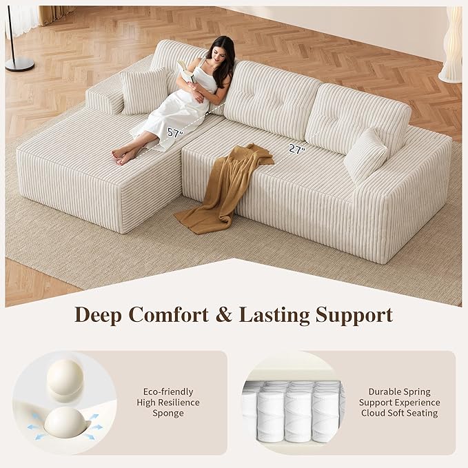 Ball & Cast 106" Boneless Sectional Sofa, Corduroy Modular L Shaped Couch with Deep Seat Chaise, Cloud Style Oversized Sectional Couch for Living Room, No Assembly, Right Facing, Corduroy Beige