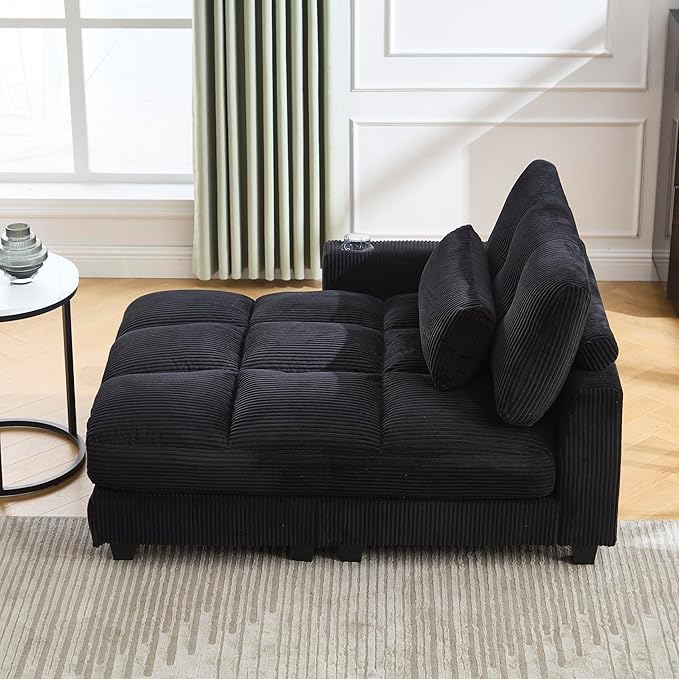 Oversized Lounge Chaise Convertible Sleeper Sofabed, Corduroy Sleeper Daybed Indoor Recliner Chair Sofa Bed with Cupholders and Adjustable Headrests for Living Room Bedroom Reading Home Apartment