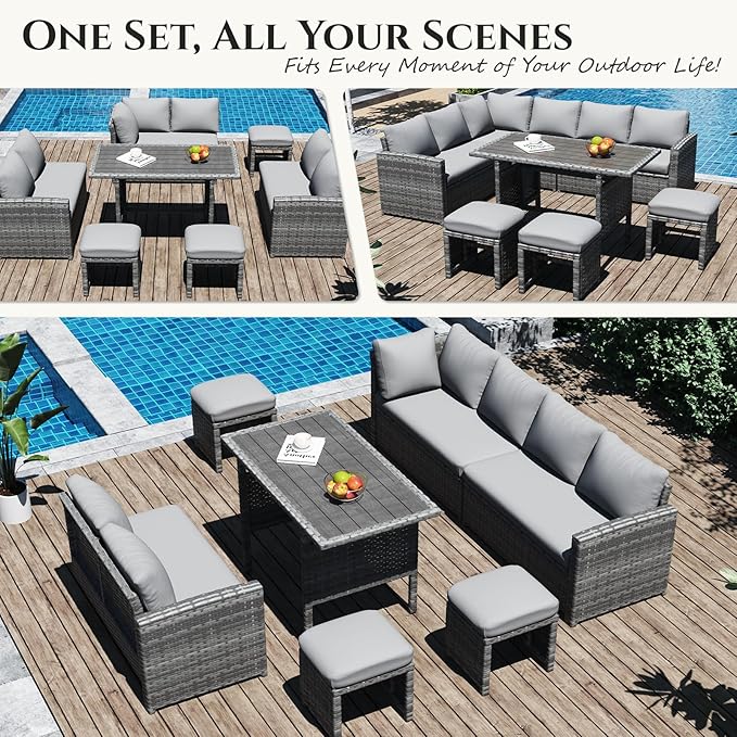 U-MAX 7 Pieces Patio Furniture Set with Waterproof Cover, Outdoor Sectional Sofa Conversation Set, All Weather Wicker Rattan Dining Table & Chair with Ottoman, Grey Rattan&Light Grey Cushion
