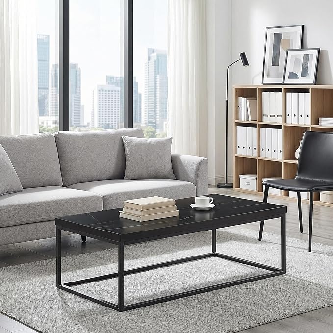 CENSI Modern Black Marble Coffee Table for Living Room - 47" Rectangular Center Table with Extra Thick 1.6" Faux Stone Top & Sturdy Metal Frame, Industrial Cocktail Table, Easy Assembly