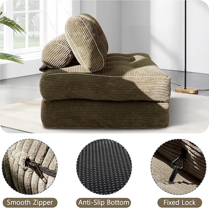 Folding Sofa Bed,Convertible Sleeper Chair for Adults, Folding Sofa Bed Foam Filling Couch with Pillow，Sleeper Chairs Single Size Floor Mattress,Brown