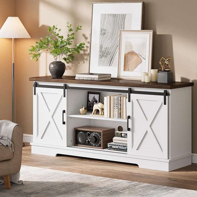 IDEALHOUSE Farmhouse Tv Stand for 65 inch TVs, Entertainment Center with Sliding Barn Doors and Adjustable Shelf, Modern Storage Media TV Console TV Stand Table for Living Room, Bedroom, White & Brwon by IDEALHOUSE