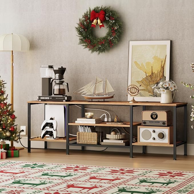 HOOBRO TV Stand with Power Outlets to 75 Inches, TV Console Table with Open Storage Shelves Cabinet, Industrial Media Entertainment Center for Living Room Bedroom, Rustic Brown and Black BF60DS01 - Image 4