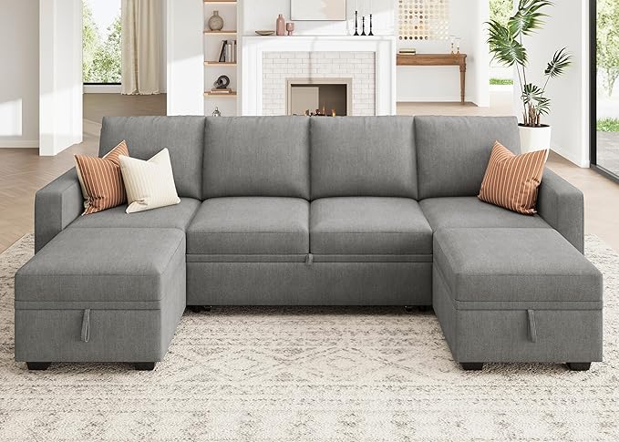 HONBAY Modular Sectional Sleeper Sofa Bed, Chenille Pull Out Couch with Storage Ottoman, U Shaped Sectional Couches for Living Room, Warm Grey