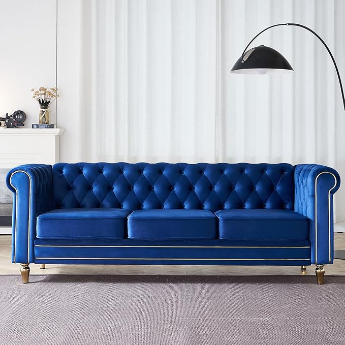 KEIKI 85" Chesterfield Velvet Tufted Button Sofa with Deep Seat Cushions and Rolled Arms, Modern Style 3-Seater Couch Decorated with Gold Strip, Easy Assembly, for Living Room, Bedroom, Office, Blue