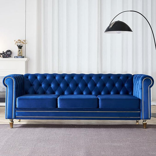 KEIKI 85" Chesterfield Velvet Tufted Button Sofa with Deep Seat Cushions and Rolled Arms, Modern Style 3-Seater Couch Decorated with Gold Strip, Easy Assembly, for Living Room, Bedroom, Office, Blue