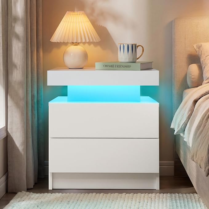 i-aplus LED Night Stand White Nightstand with 2 Drawers Modern Beside Table for Bedroom Side Bed Table with LED Lights - Image 3