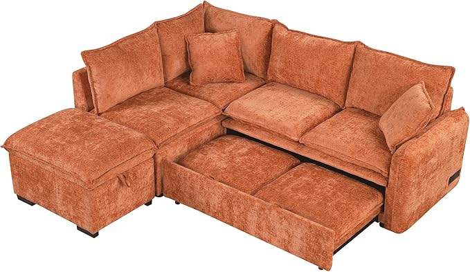 ERYE L-Shaped Corner Chenille Upholstered Sleeper Sectional Sofa Practical Convertible Sleep Sofabed W/Pull Out Sleep Couch Bed, Storage Ottoman and USB Charge Ports for Living Room