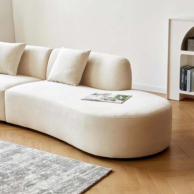 132" Curved Sofa with Throw Pillows, 6 Seater Luxury Velvet Couch with Half Moon Design and High-Density Foam, Ideal for Modern Living Room, Office & Apartment, Ivory