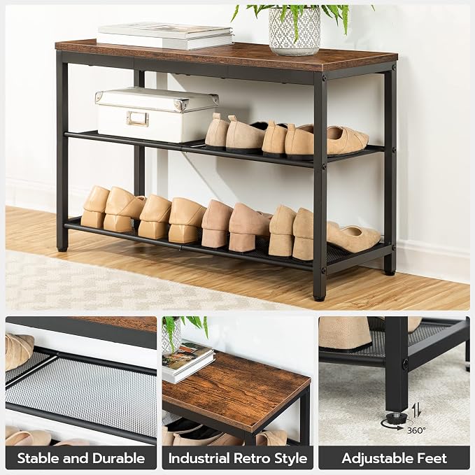 HOOBRO Shoe Bench, 3-Tier Shoe Rack, Industrial Shoe Organizer Storage Bench, 29.5 inches Entry Bench with Mesh Shelves, for Entryway, Living Room, Hallway, Easy Assembly, Rustic Brown BF75HX01 - Image 6