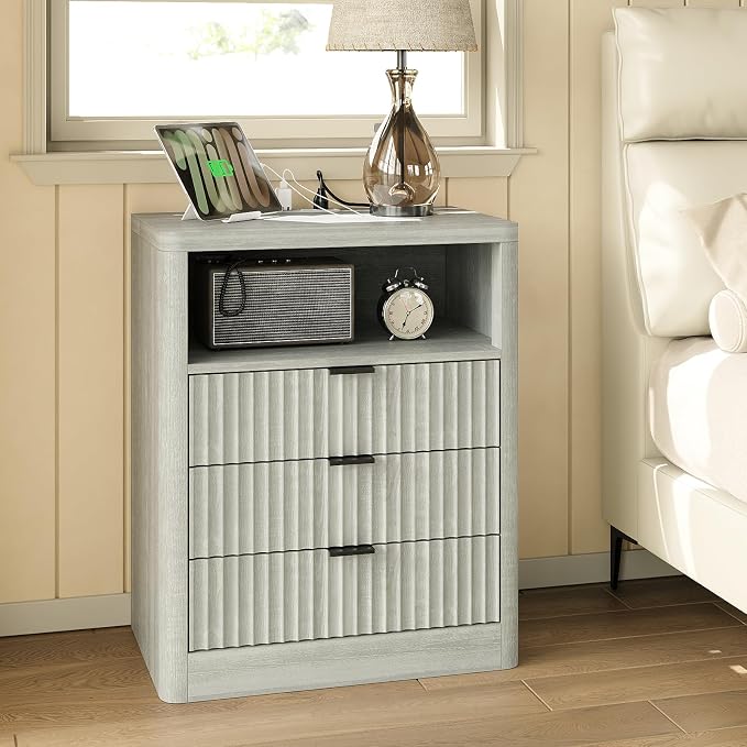 FUSOU Fluted Night Stand, Nightstands with Charging Station and LED Lights, Modern Bedside Table with 3 Drawers and Open Shelf, End Table with Storage, Nightstand for Bedroom, Living Room, Grey - Image 8