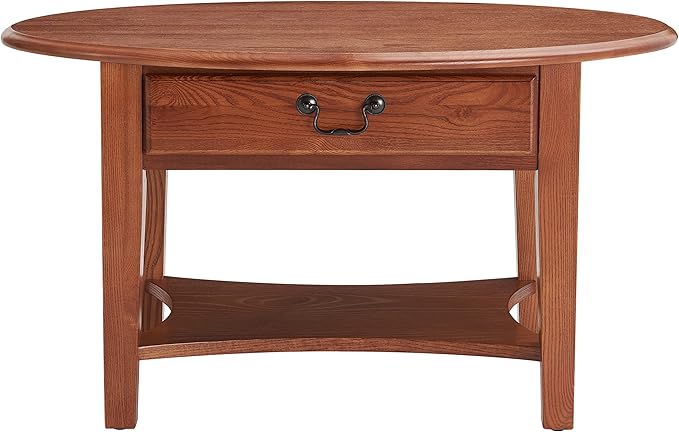 Leick Home Haven Ridge Coffee Table, Solid Wood, Oval, with Drawer and Shelf, Medium Oak, 9044-MED
