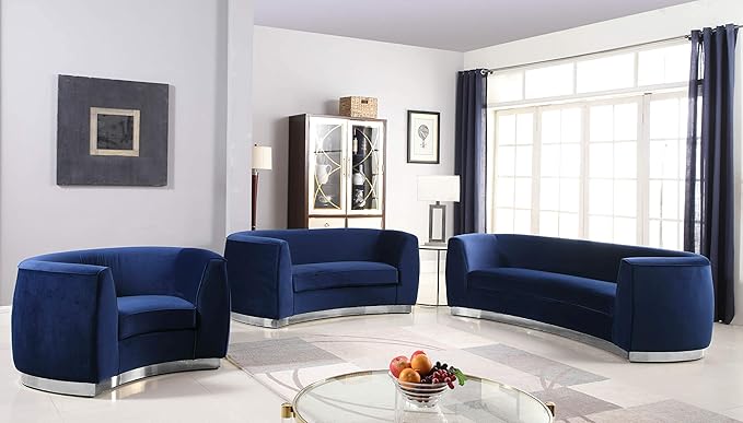 Meridian Furniture Julian Collection Modern | Contemporary Velvet Upholstered Loveseat with Stainless Steel Base in Polished Chrome Finish, Navy, 70" W x 34" D x 28" H