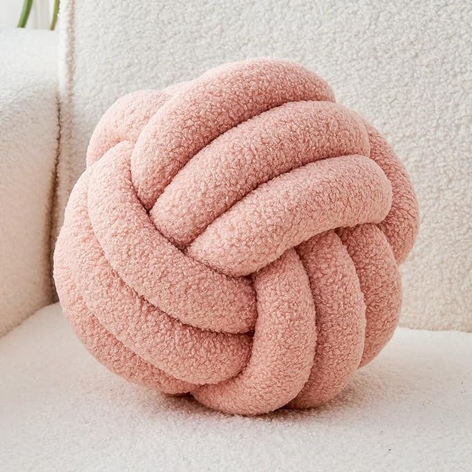 LUSJNGE Decorative Throw Knot Pillow Ball for Home Chair Sofa Couch Bed Aesthetic Round Decor Pillows Lambswool Knotted Pillow Cushion (Pink, 11 inches)