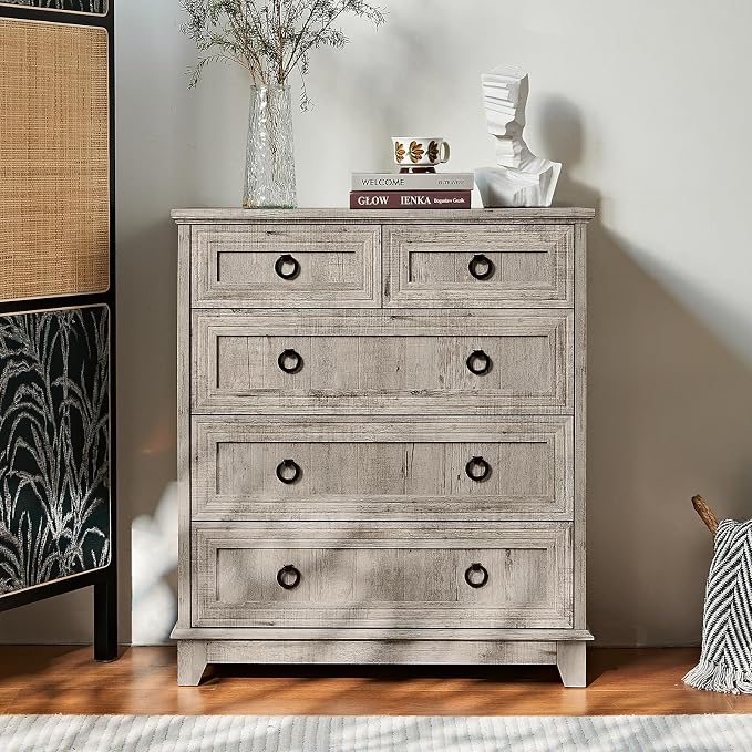 Joaxswe Farmhouse 5 Drawer Dresser for Bedroom, 33.2" Tall Small Dressers & Chest of Drawers, Rustic Wood Dresser with Metal Handle, Storage Organizer Closet for Living Room, Hallway,Entryway - Image 6