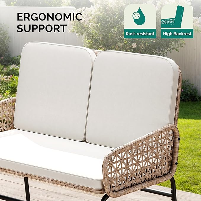 YITAHOME Patio Loveseat Wicker Outdoor Furniture, All Weather Rattan Conversation Loveseat for Backyard, Balcony and Deck with Soft Cushions, Light Brown+Beige